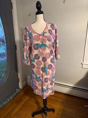 Garnet Hill Green Cotton Floral Bird Print Nightgown XL